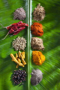 Close-up of Spices on a banana leaf