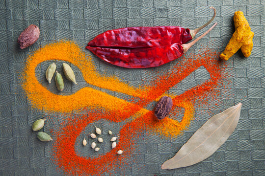 Shape of spoons in randomly scattered turmeric powder and chilli powder with spices