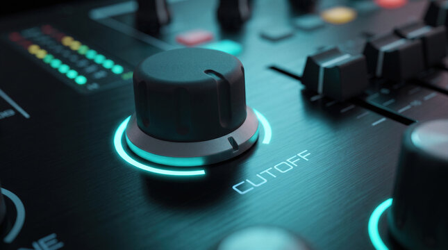 Illuminated cutoff filter knob on synthesizer audio mixer controller console in music studio.