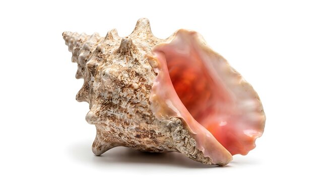 Queen conch seashell isolated on white background for marine life and coastal decor design.