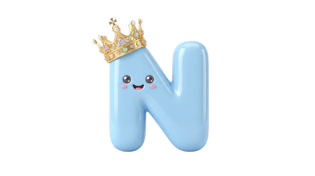 Cute blue letter N character with gold crown, 3D cartoon alphabet mascot, bubbly blue font for kids party and school decor
