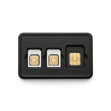 Three different sizes of sim cards for mobile phones, including standard, micro, and nano sim cards, arranged in a black plastic holder, isolated on white background