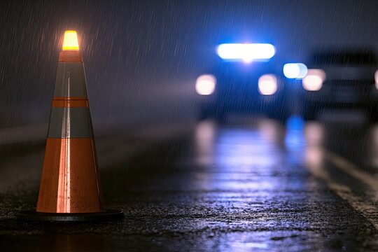 Orange traffic cone with flashing light on wet road at night