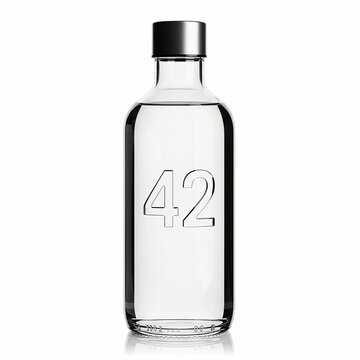 A clear glass bottle of vodka with the number 42 embossed on the front, isolated on white background