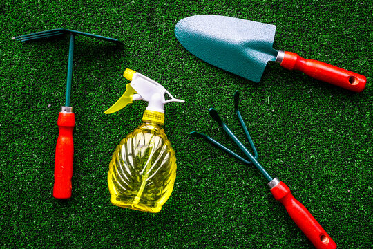 Gardening equipment concept on green grass background top view