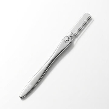 Closeup of a professional stainless steel eyebrow razor or dermaplaning tool with a protective cap, isolated on white background