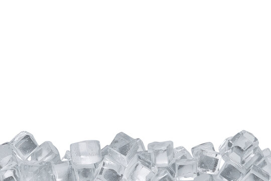 Low horizontal row of transparent ice cubes isolated on transparent background