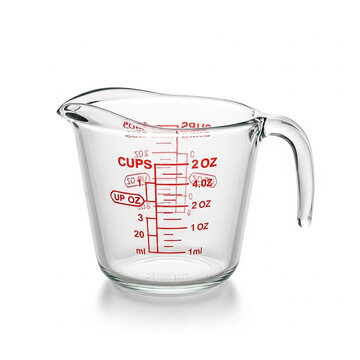 Empty glass measuring cup with red markings for cups, ounces, and milliliters isolated on white background