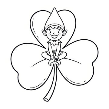Cute cartoon elf sitting on a shamrock outline