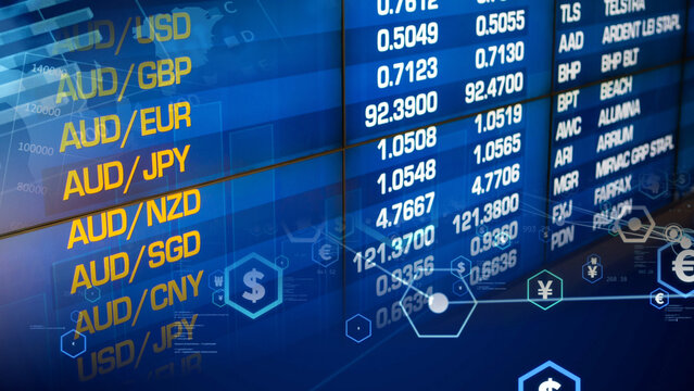The forex stock market data display features currency exchange rates and stock tickers on trading screens to show the economic impact of global financial markets, currency trading, and investment 