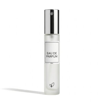 A 10ml frosted glass perfume spray bottle with a silver cap and a minimalist label reading eau de parfum, isolated on white background