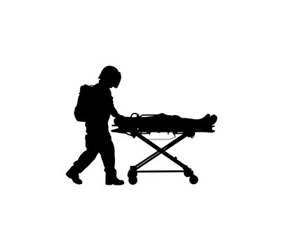 Silhouette of a person carrying a stretcher with a prone figure on a white background, black silhouette