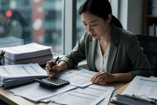 Asian woman works at desk with stacks of papers using calculator and pen. She concentrates on financial documents and reports in a modern office with city view.