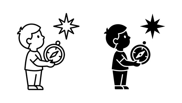 Boy Holding Compass and Star Icon Vector Illustration
