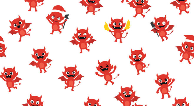 Funny seamless pattern of cute little red devils in various playful poses over a plain white background.