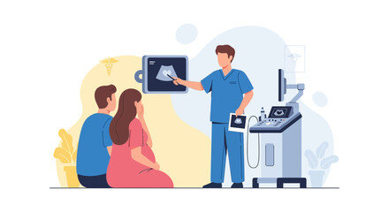 Fototapeta premium Doctor shows ultrasound scan to expectant parents, pregnancy healthcare concept