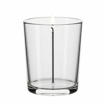 A single lit candle wick inside a clear empty glass tumbler isolated on white background