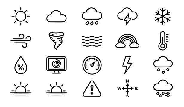 Weather Forecast Linear Icon Set Featuring Climate Condition Symbols Temperature Gauges Measuring Devices And Mobile App Web Interface Graphics Without Labels