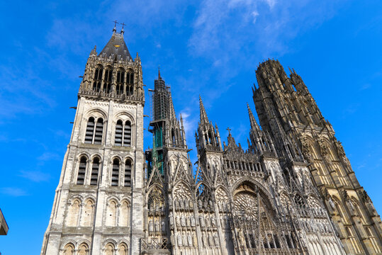Looking up church towers of Cath&eacute;drale Notre-Dame at the old town of French city of Rouen on a sunny summer day. Photo taken July 13th, 2026, Rouen, Normandie, France.