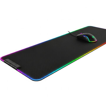 Rgb gaming mouse pad extended desk mat with illuminated edges and black gaming mouse isolated on white background