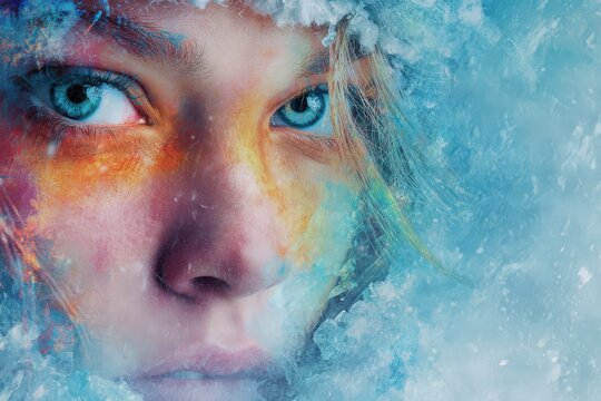Face Covered In Frost With Warm And Cold Contrast