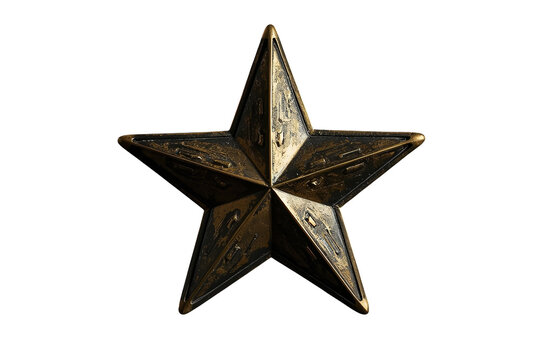 Dark bronze five pointed metal star isolated on transparent background