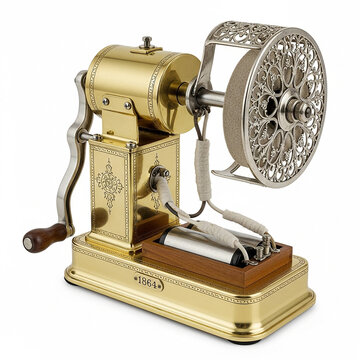 Antique brass handcranked electrical generator from 1864, a vintage scientific instrument with an ornate metal wheel, isolated on white background