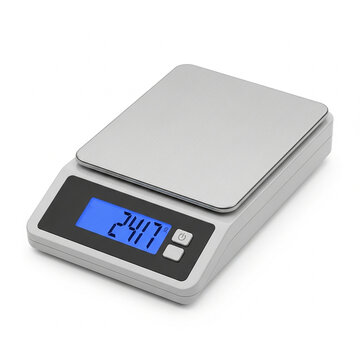 Digital kitchen scale with a stainless steel platform isolated on white background