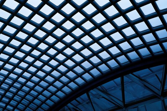 Abstract blue grid pattern formed by a modern architectural ceiling