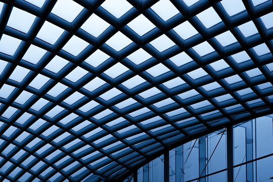 Abstract blue grid ceiling with geometric pattern against sky