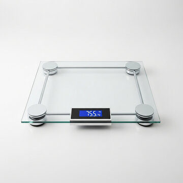 Digital bathroom scale with glass surface and metallic accents isolated on white background