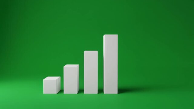 Clean minimalist 3D bar chart against a green screen for corporate financial presentations, analytics dashboards, and motion graphics overlays.