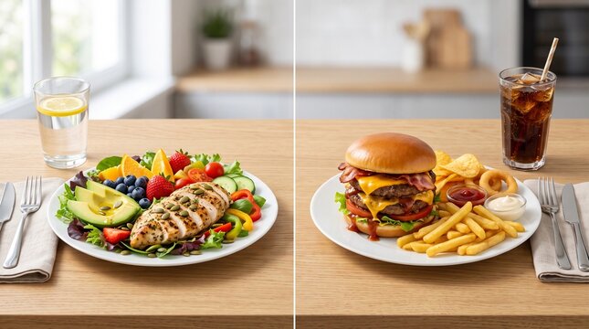 Healthy salad and indulgent burger meal comparison on wooden table.