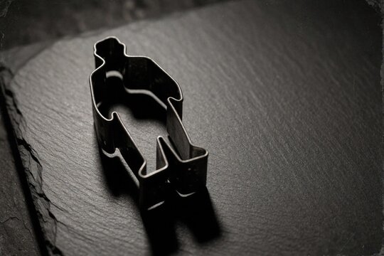 Metal cookie cutter shaped like a man stands on dark slate surface. This baking tool prepares dough for gingerbread figures. Prepare sweet holiday treats for family and friends.