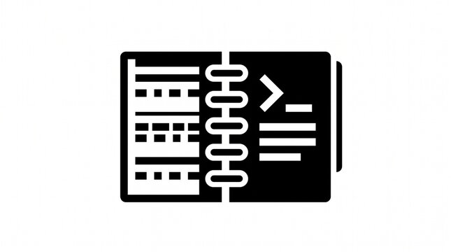 Coding notebook icon features a spiral bound book with structured data lines and a software bracket symbol.