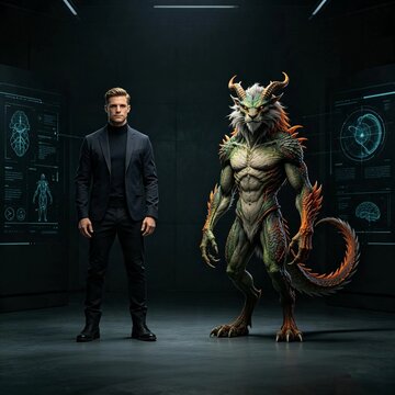Cinematic concept art of a futuristic scientist alongside evolved dragon creature hybrid in high tech laboratory, generative AI