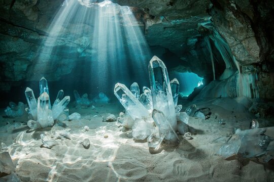 Large clear quartz crystal clusters inside a dark underground cave, illuminated by natural light rays streaming through an opening in the ceiling