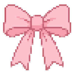 Obraz premium Cute Pink Ribbon Ribbon Bow Pixel Art Illustration Isolated on White Background