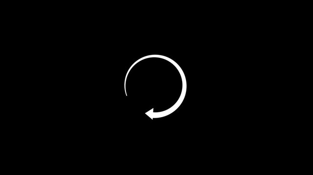 4K motion graphic of White circle arrow with alpha channel transparency. 2D cartoon animation of refresh, rotation on black background. 