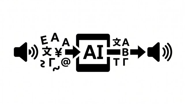 Tablet device processing language through artificial intelligence symbolizes automated audio translation technology.