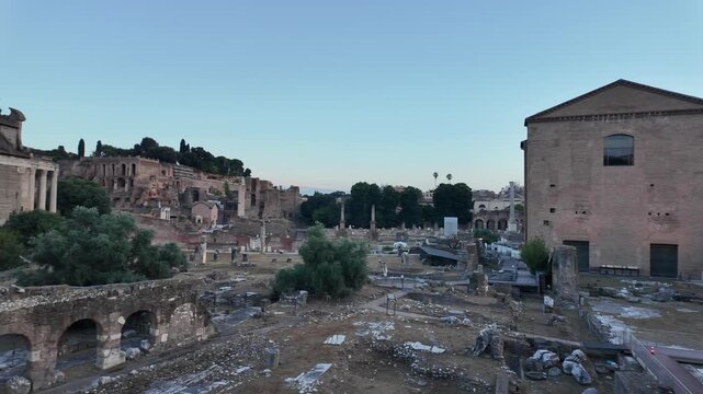 Aesthetic cinematic view of the Curia Julia in the Roman Forum Rome