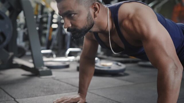 An Indian Asian fit, muscular, shirtless young man performing a bodyweight resistance training exercise, push ups in a modern gym. Fitness, workout, healthy lifestyle, wellness. bodybuilding concept