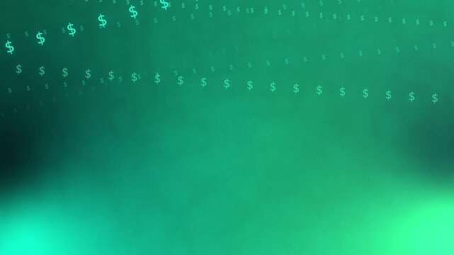 Green teal gradient with flowing rows of glowing dollar symbols, seamless loop animation