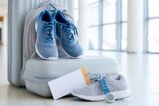 Travel scene with running shoes and luggage at an airport terminal with boarding pass for travel background and travel banner use