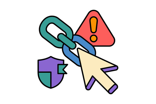 Malicious link warning sign with chain graphic and alert triangle representing phishing attacks and cyber security threats for digital communication network.