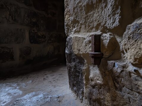 Atmospheric Medieval Dungeon Corridor Historic Stonework Ironwork Heritage Detail Photograph