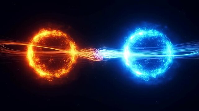 Two glowing fire and ice energy spheres connected in space