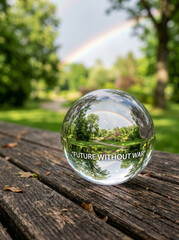 Obraz premium Crystal Sphere on Wooden Bench Reflecting Green Park and Rainbow in Sky