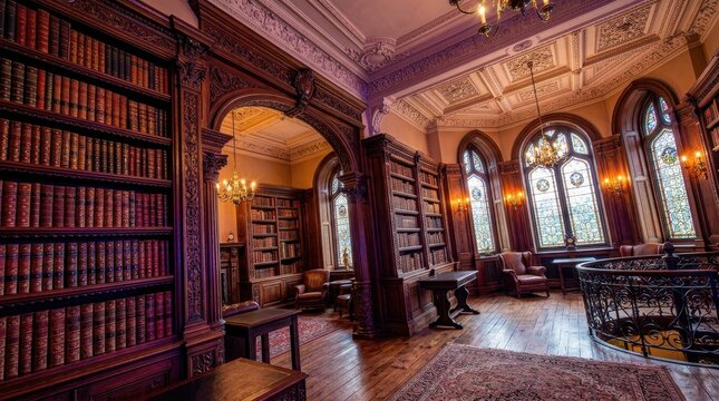 Elegant Classic Library Interior with Ornate Wooden Bookshelves and Beautiful Stained Glass Windows