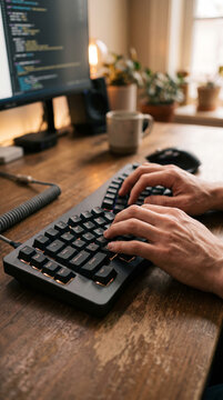 Vertical view of software developer typing code on computer keyboard